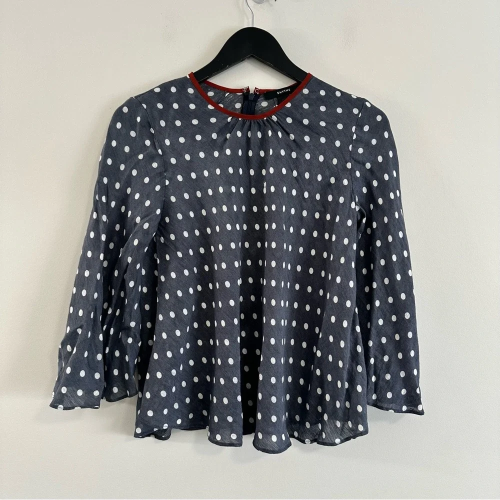 Smythe Bardot Blouse In Polka Dot Print Navy Blue Size XS - Picture 4 of 11